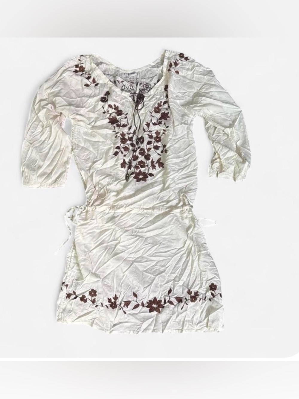 White and brown floral embroidered dress